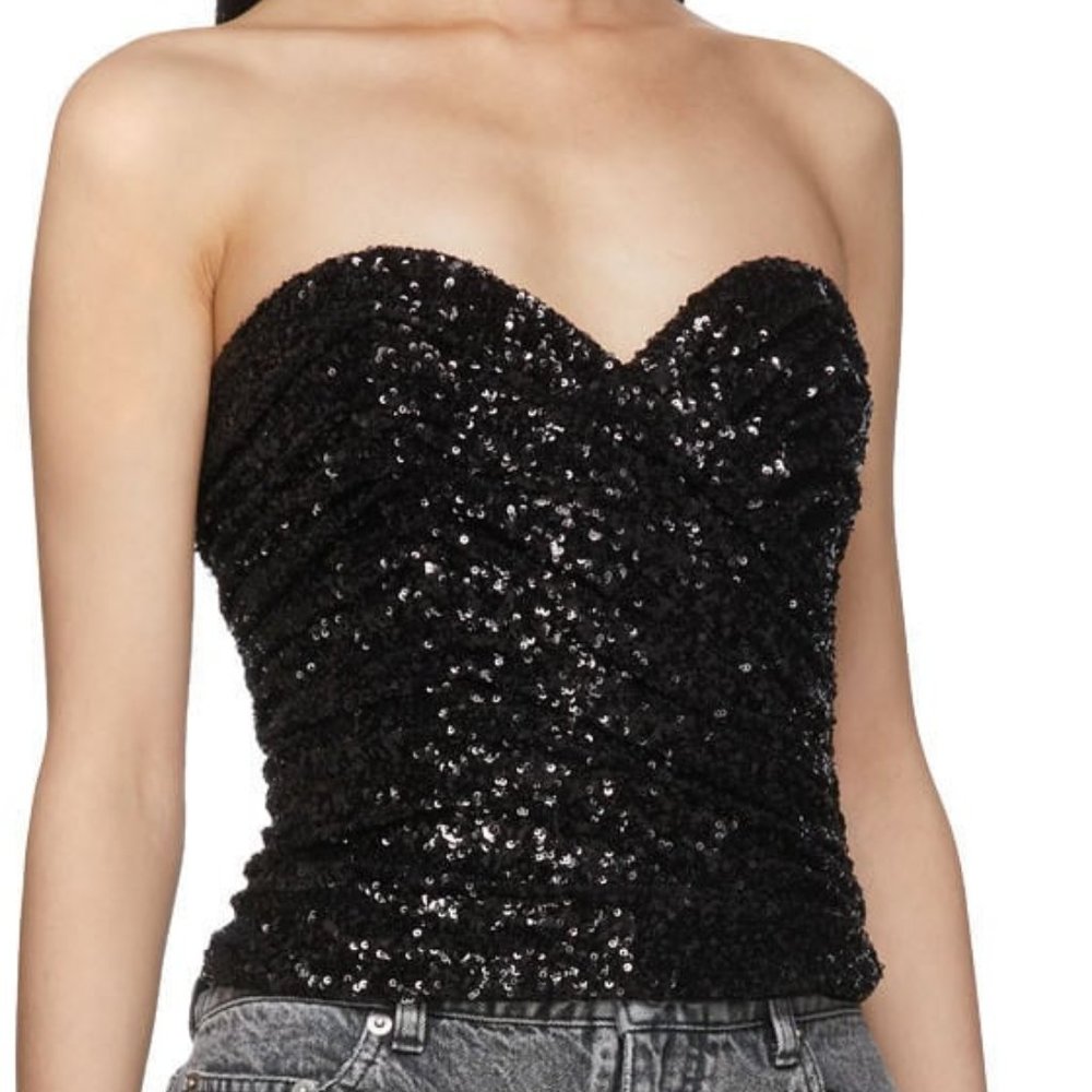 Saint Laurent Black  Ruched Sequined Mesh Bustier Top